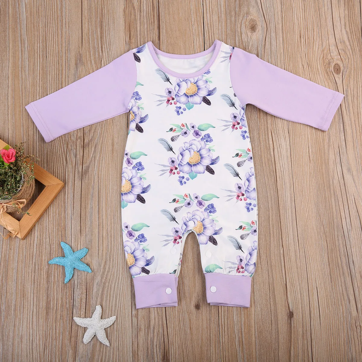 toddler Newborn Baby Girls Cotton Romper printed floral Jumpsuit Clothes Outfits long purple sleeve Rompers for baby girls | Мать и