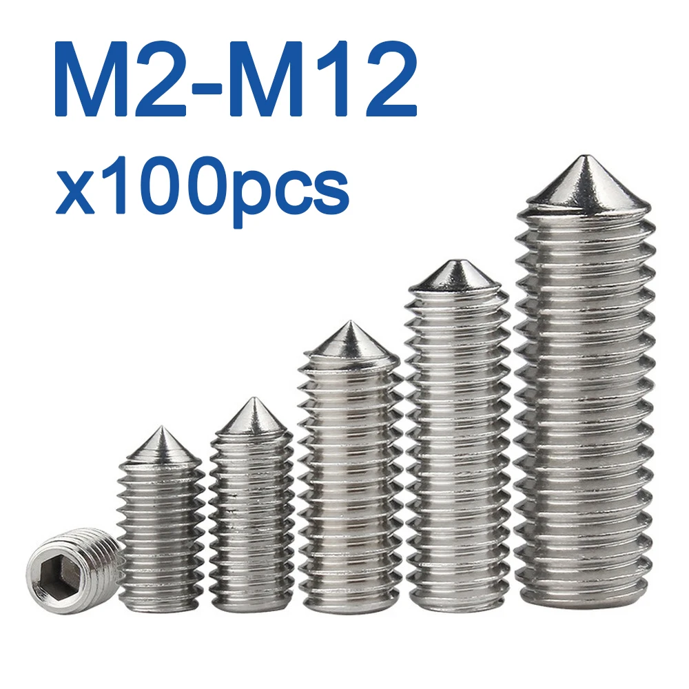

100 шт./лот Набор шестигранных винтов с шестигранным углублением, конусные винты M2 M2.5 M3 M4 M5 M6 M8 M10 M12 304 нержавеющая сталь DIN914