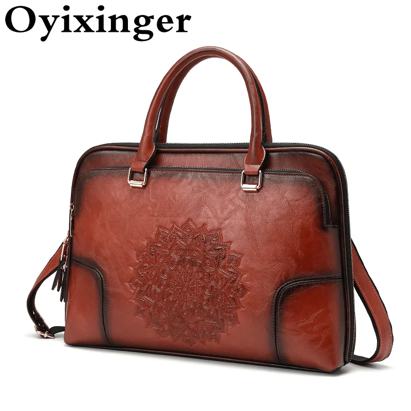 

High Quality Leather Laptop Briefcase Retro Laptop Shoulder Bag For 14 inch Macbook Hp Dell New Embossed Female Top-handle Bag