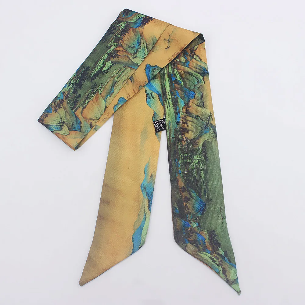2020 New design Woman Silk Scarf Chinese Painter Famous Painting Crane Landscape printed Head Green Bag Ribbons Tie |