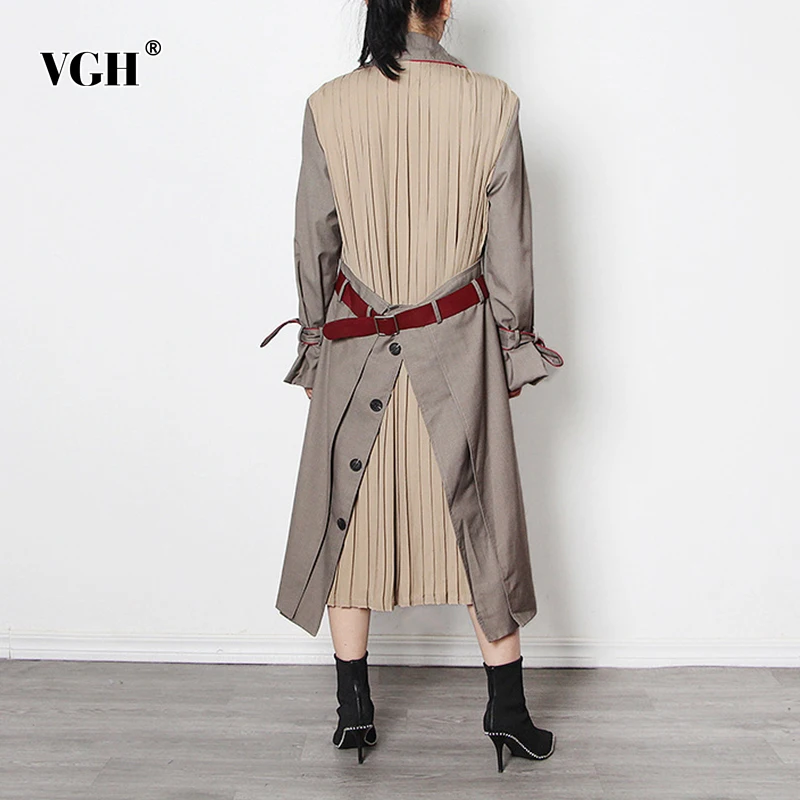 

VGH Casual Patchwork Pleated Windbreaker For Women Lapel Long Sleeve Sashes Korean Hit Color Windbreakers Female Fashion 2021