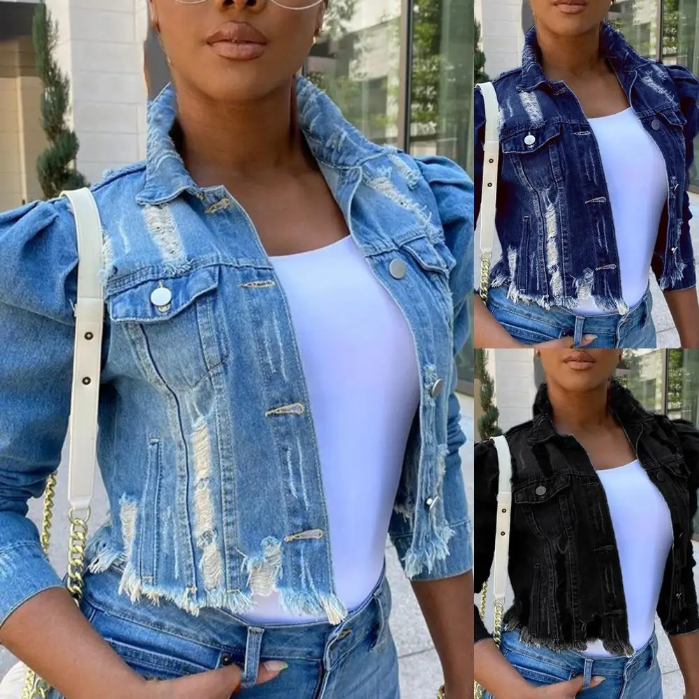 

2021 hot Fashion Denim Jacket Washed Ripped Sexy Puff Sleeve Turndown Collar Single-breasted Jean Coat Streetwear