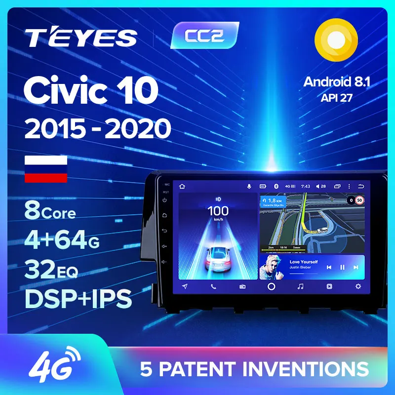 TEYES CC2 Штатная магнитола для Хонда Цивик 10 Honda Civic FC FK 2015 2020 Android 8.1 до 8 ЯДЕР 4 + 64ГБ 32EQ