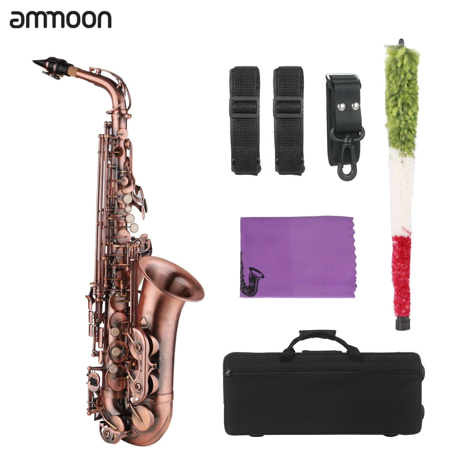 

ammoon Saxophone Red Antique E-flat Brass Material with Carrying Case Cleaning Cloth Brush Sax Strap Mouthpiece Accessories
