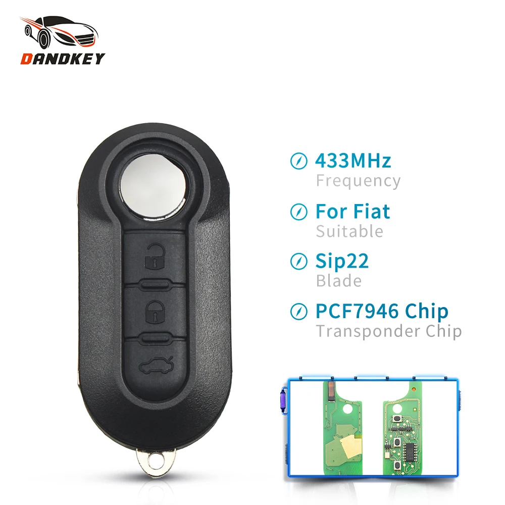

Dandkey для Fiat 500 Гранд пунто 2010-2017 Fob 3 кнопки дистанционного ключа автомобиля PCF7946 чип 433 МГц Флип ключ оболочки Uncut SIP22 лезвие