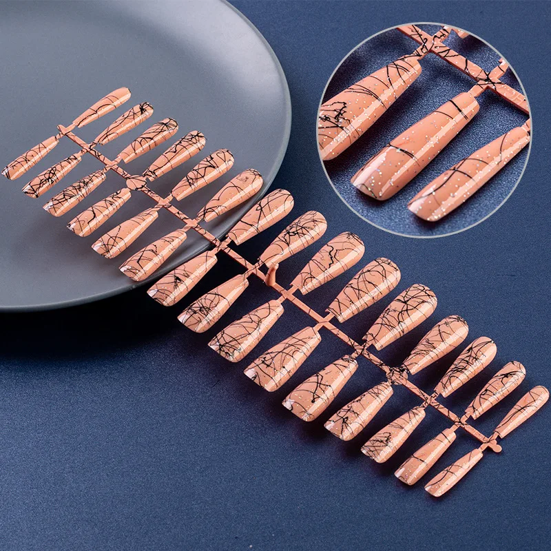 

30pcs Black Line Brushed Ballet Coffin Fake Nails Glitter Powder Solid Color ABS Plastic Press On False Nails Tips Cute Nail Art