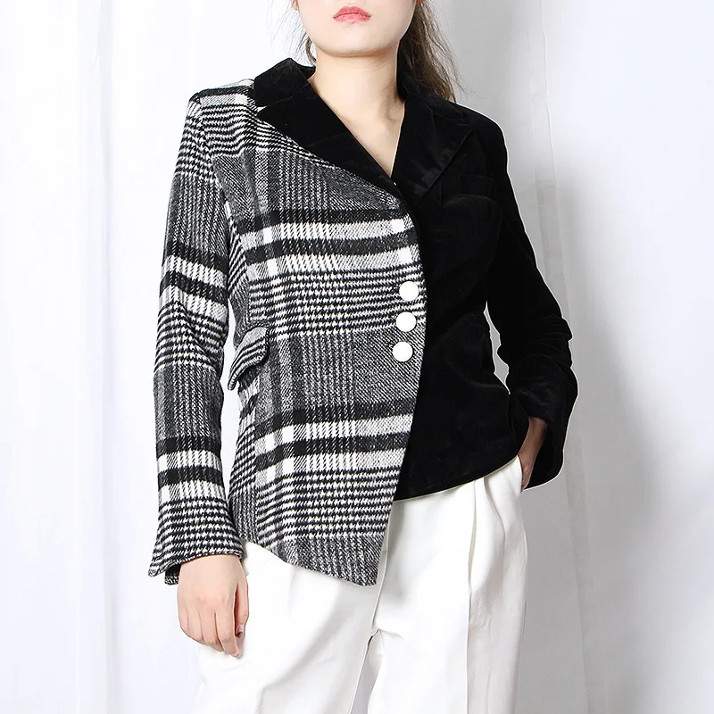 

Women Winter Wool Coat Fashion Splicing Plaid Blazer Suit Female Elegant Long Sleeve Slim Irregular Hem Overcoat New Black Coats