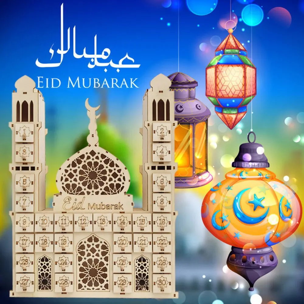

Night Light Ornamenten Countdown Calendar LED Eid Mubarak Decor 40.6*30.4cm Gift DIY Wooden Palace Shape Destop Ornaments
