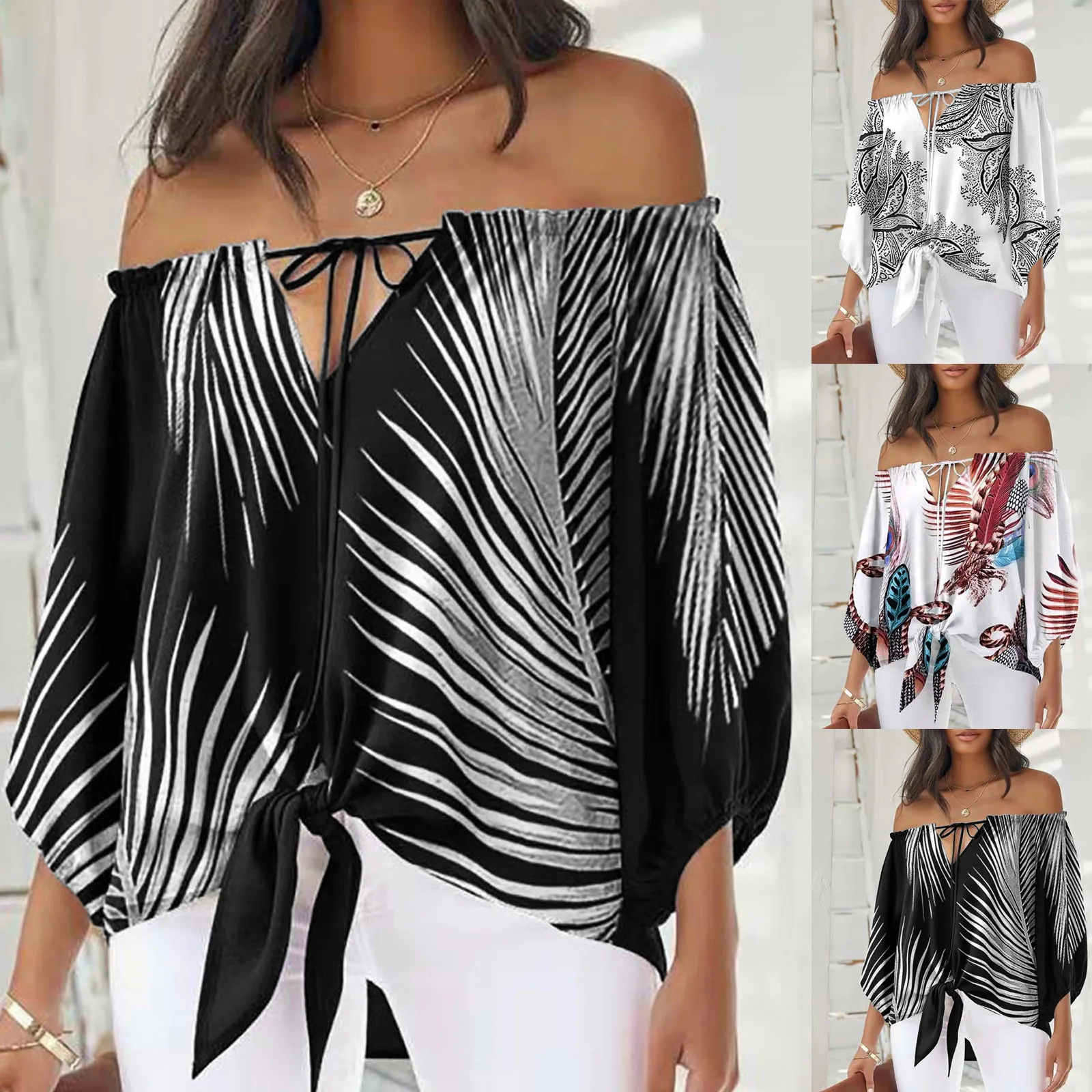 

Женские модные блузки с принтом, топ на бретельках с длинным рукавом, кружевная отделка, свободная туника с разрезом сбоку, топы, Осенние блу...