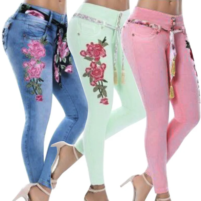 

Women High Waist Embroidery Jeans Floral Print Denim Pants Trousers Women Pencil Pants 321#