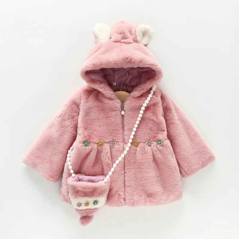 

Winter New Infant Thickened Imitation Fur Coats Girls Small Flowers Princess Jackets Send Bag Cute Kids Rabbit Ears Hooded Shawl