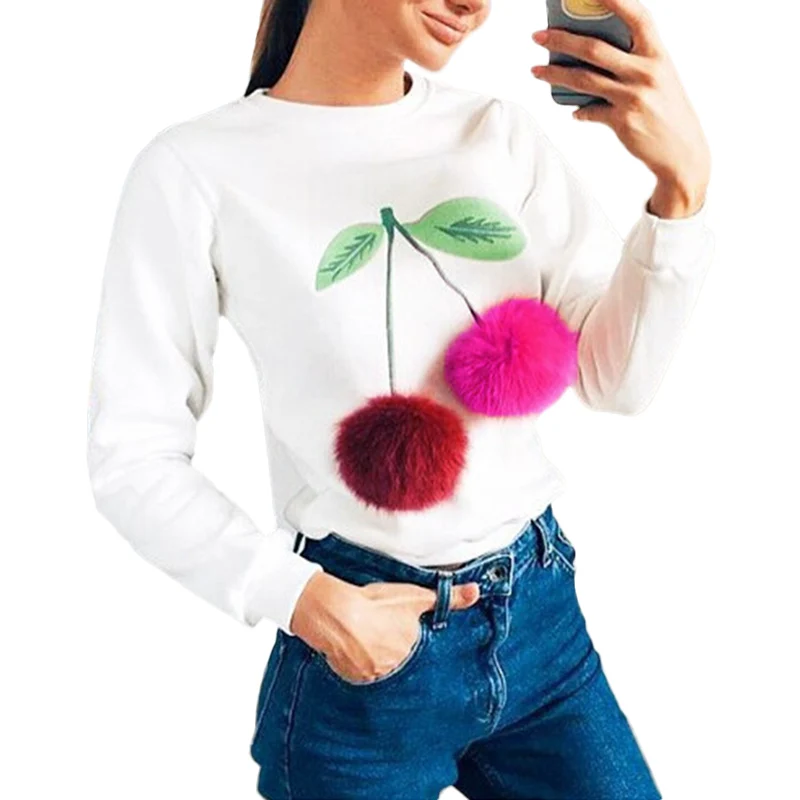 

Sweaters Women Cute Hair Ball Decoration Pullovers Tops Ladies Ice Cream Cone Embroidery Sweaters O-Neck Long Sleeve Sweater