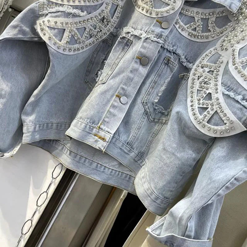 

Spring Diamond Pearl Beaded Batwing sleeve Frayed Burr Hole Denim Coat Casual Chaqueta Mujer Women Loose Light blue Jeans Jacket