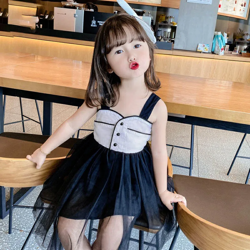 

Keelorn Girls Casual Dresses 2021 New Summer Kids Girl Sling Mesh Princess Vestidos Korean Children Patchwork Party Suits