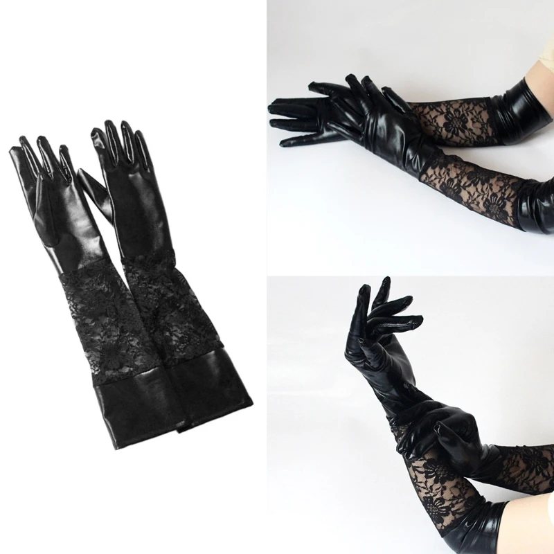 

Womens Faux Patent Leather Black Full Finger Long Gloves Floral Lace Patchwork Wedding Opera Dance Party Brides Elbow.