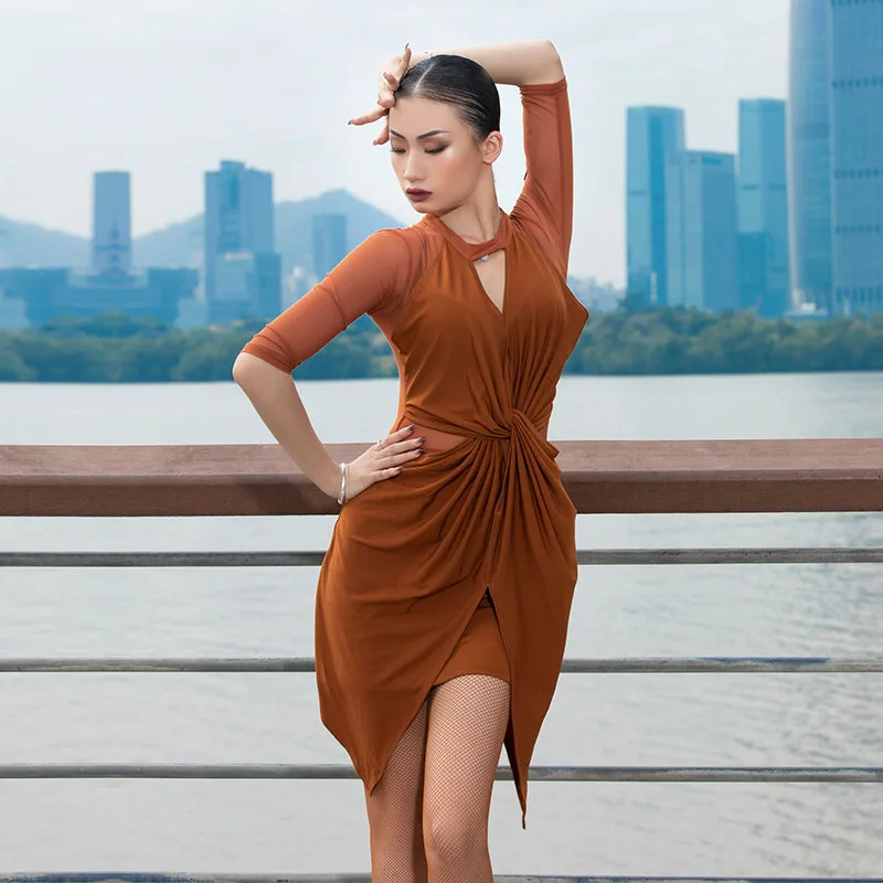 

Half-sleeve gauze Perspecitve Irregular Latin Dance One-piece Dress for female/women,Ballroom Costumes performance wear MD20101