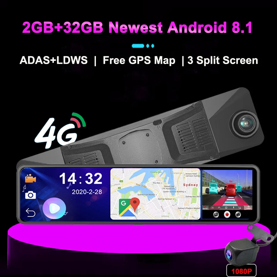 WHEXUNE Новый 4G Android 8 1 2 ГБ + 32 автомобиля камера в зеркале заднего вида Full HD 12 ”ADAS