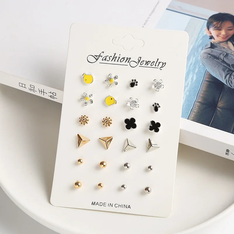 

12 Pairs Korean Simple Personalized Women's Geometric Stud Earrings Sweet Cute Small Ear Studs Earrings Combination