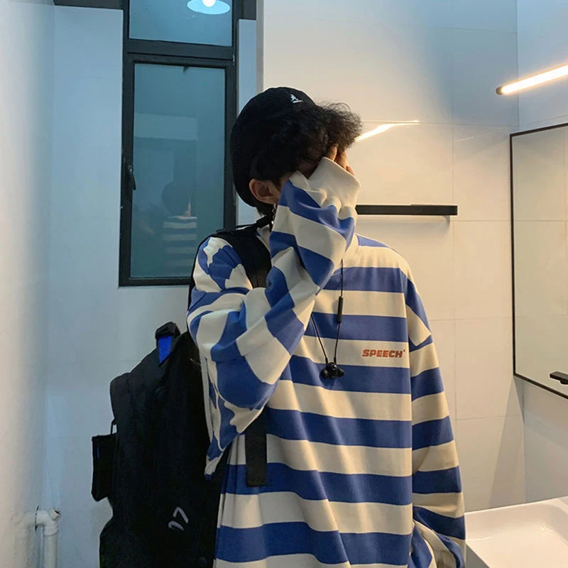 

Autumn Long Sleeve Men Tshirts Teenagers Student Top Tee Hip Hop Striped Print Coat Lazy Wind Fashion Harajuku Oversized Clothes