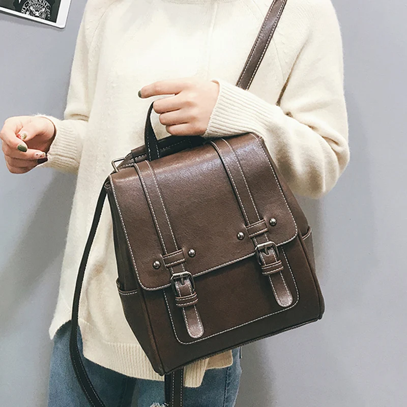 

New Vintage Women Backpack High Quality Leather School Bags for Girls Lady Simple Style Backpack Fashion Leisure Pu Shoulder Bag