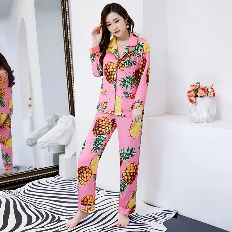Autumn Women's Satin Pajama Sets Printing Long Sleeve Female Sleepwear Turn Down Collar Loose Silk Women Homewear Pajamas 2023
