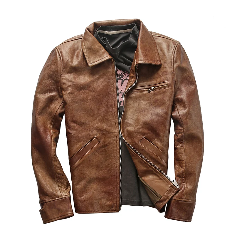 Мужская винтажная куртка с отложным воротником коричневая Повседневная простая