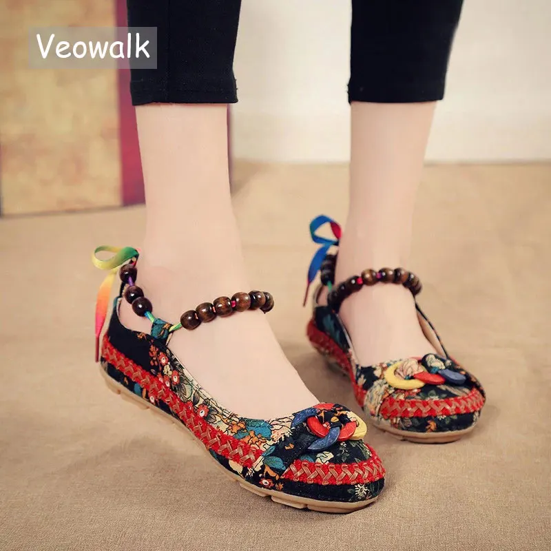 Veowalk/женские парусиновые балетки на плоской подошве Украшенные бусинами и