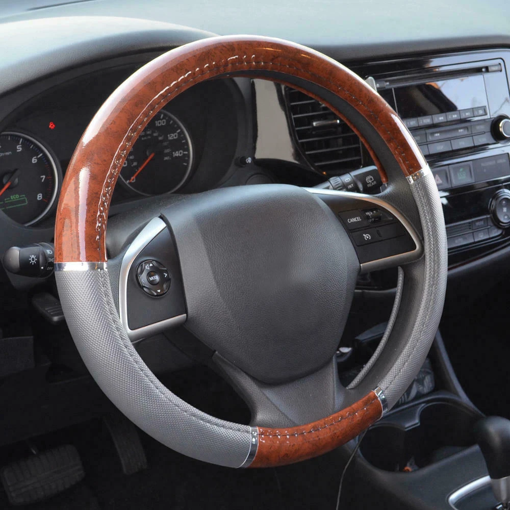 

Car Steering Wheel Cover Luxury Wood Grain Gray Syn Leather Anti-slip Universal Steering Wheel Cover For 38cm Auto Accessories