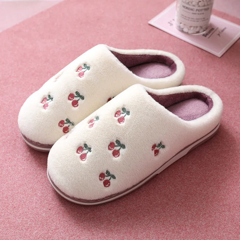 

Women Indoor Warm Plush Home Slippers Fashion Fruit Slipper Non-slip Soft Lovers Winter Female Shoes Banana Cherry Ladies Slides