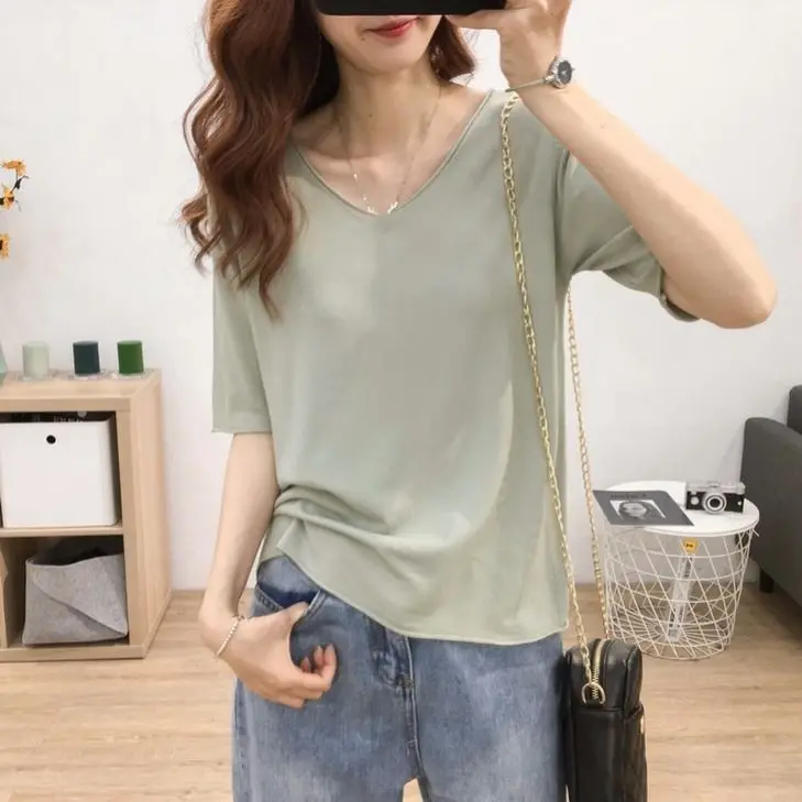 Женская свободная футболка с V-образным вырезом и коротким рукавом | одежда