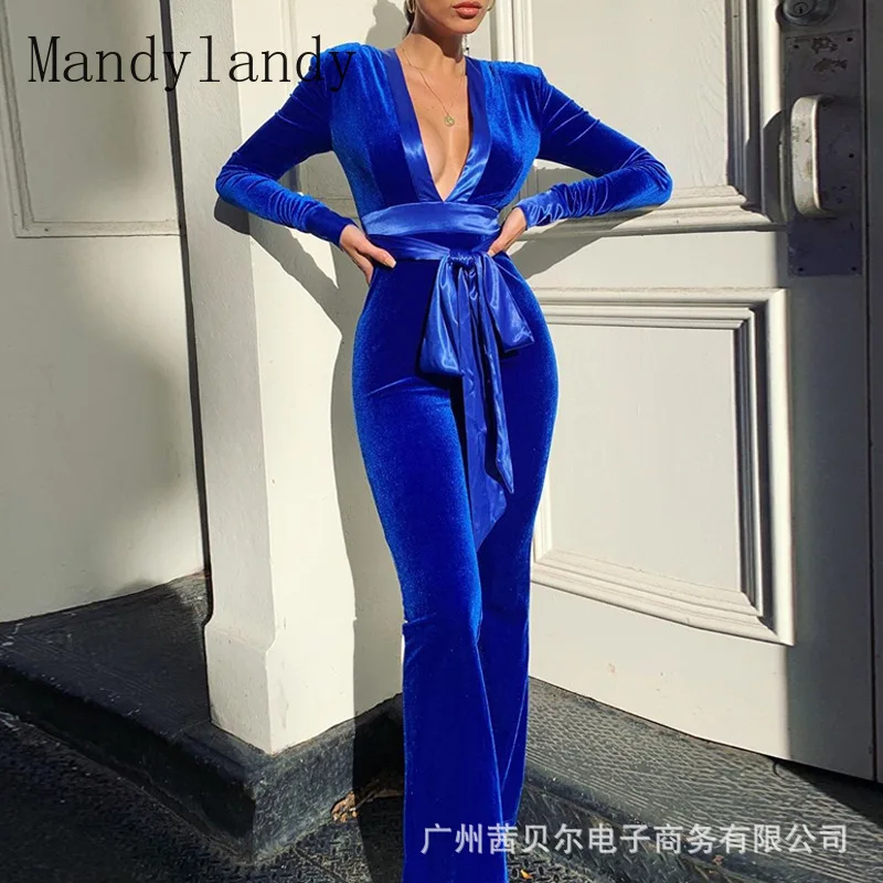 

Mandylandy Jumpsuits Autumn Casual Long Sleeve High Waist Flared Jumpsuits Women's Fashion Solid Color V-neck Lace Up Jumpsuits