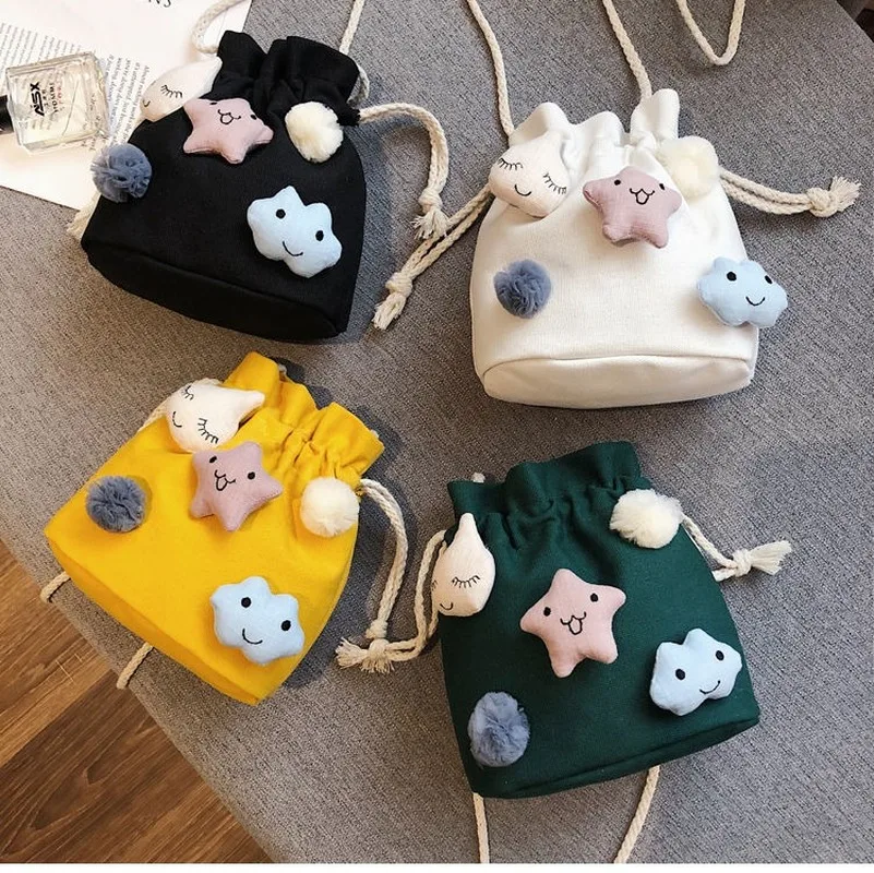 

2020 New Small Fresh Korean Style Shoulder Bag Cute Canvas Messenger Bolsa Girl Heart Drawstring Bucket Sac A Dos Multifunction
