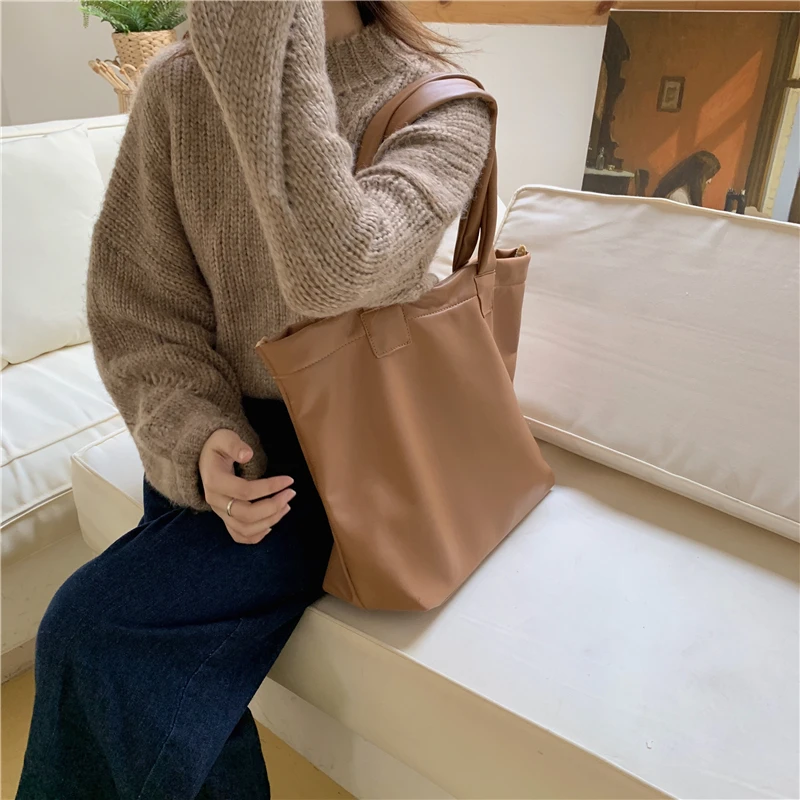 Women Shopping Bags PU Large Capacity Solid Hasp Big Tote Handbags Popular Simple Daily Female European Style Soft Vintage Chic | Багаж и