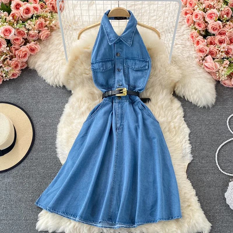 

2021 Summer New Backless Waist Slim Halter Jeans Dress Girls Fashion A-line Sexy Sleeveless Pleated Denim Dresses