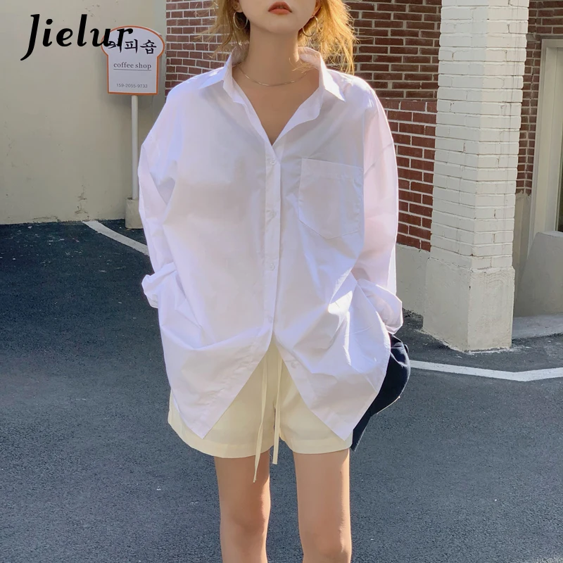

Jielur Korean Mid-length Harajuku BF Blue White Shirt Female Loose Women's Shirts Turn-down Collar High Street Cool Blouses S-L