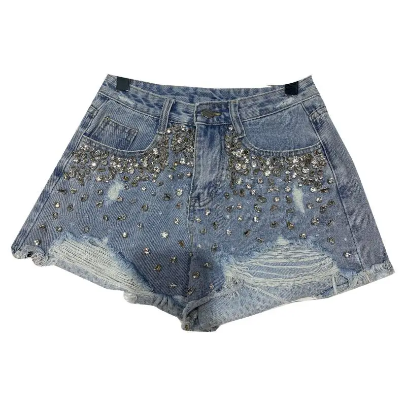 

Hand-made Diamond Denim Shorts Women 2021 Summer New Granule Water Drill Nail Bead Raw Hem Jeans Shorts Women's Fashion
