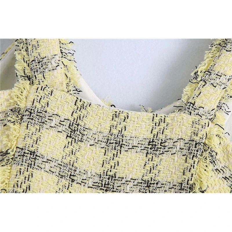 

Evfer Women Plaid Texture 2021 Za Fashion Short Tops Female Casual Single Breasted Sleeveless Vest Chic Girl Suit Yellow Tops