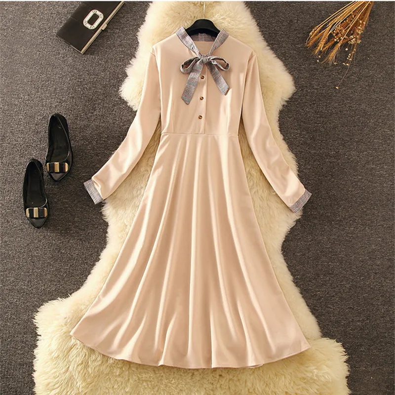 Осень зима 2019 женское платье длинный рукав модный бант тонкий вязаный свитер для