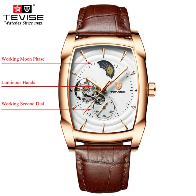 Rose White With Box TEVISE T829B мужские часы Лидирующий бренд Роскошные Большие Часы мужские 49 мм светящиеся наручные часы с датой и неделей - Цвет: Rose White With Box