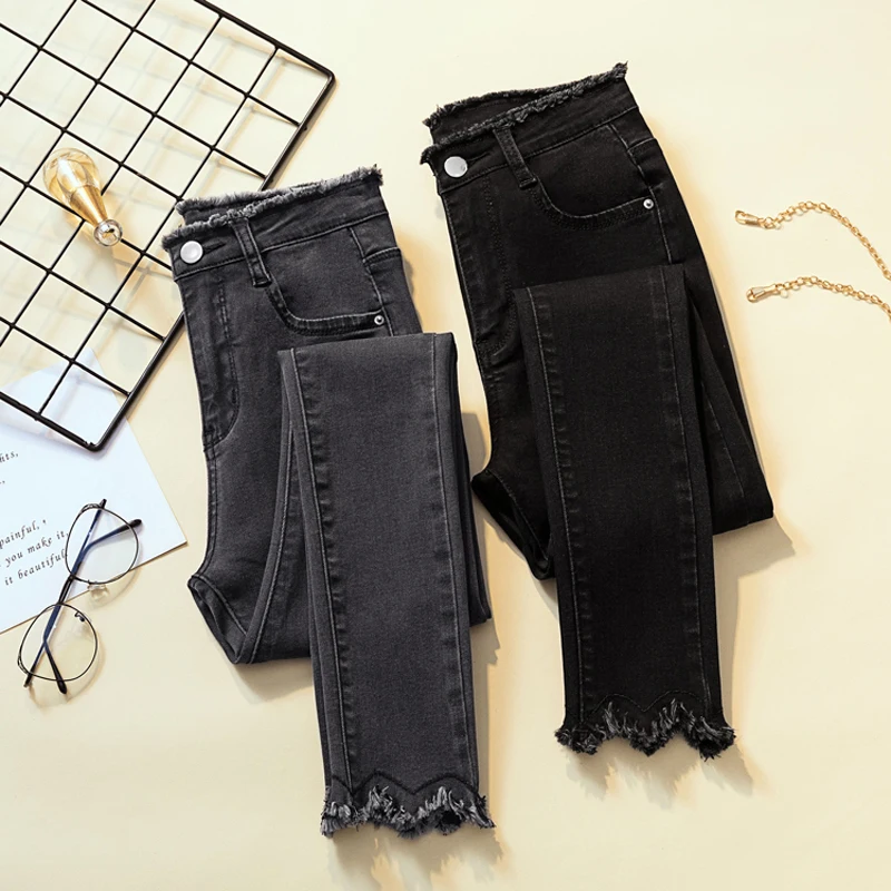 

Zoki Tassel Women Jeans New 2020 Autumn Skinny High Waist Elastic Cotton Mom Pencil Jean Casual Streetwear Black Pants