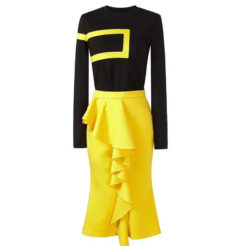 

HARLEYFASHION Women Original Design Eegant And Generous 2 Piece Sets Skinny Knitted Top + Knee-Length Fishtail Skirt