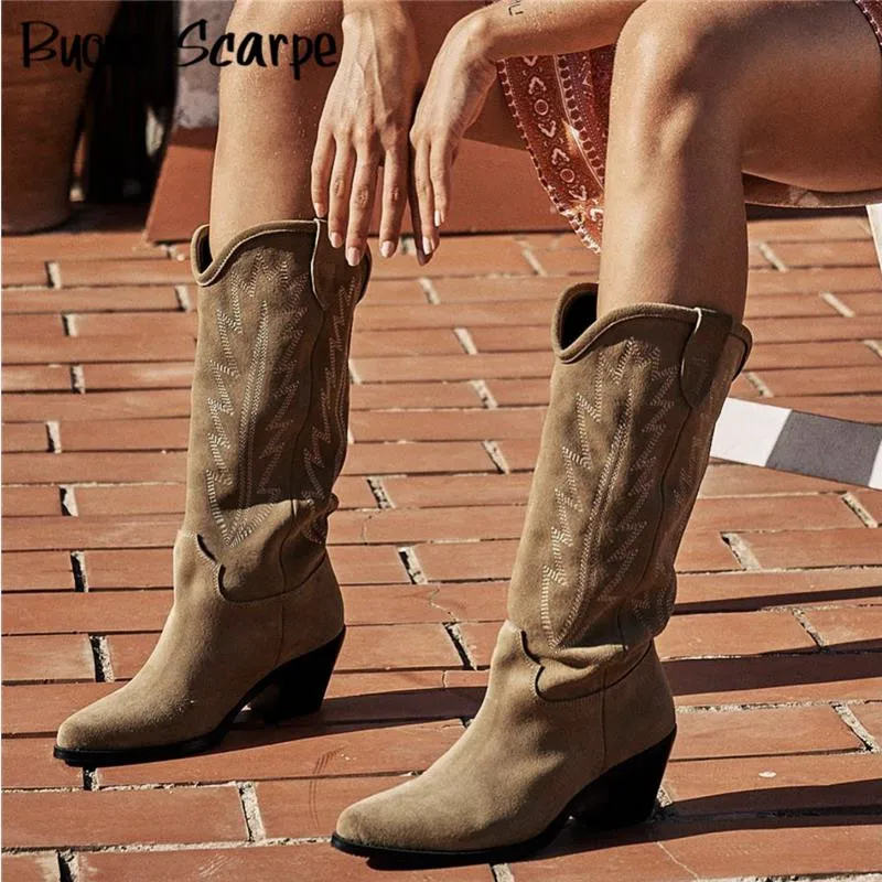 Natural Suede Embroidered Women Boots Leather Handmade Pointed Toe Spike Heel Autumn Winter Boots Cowboy New Western Retro Botas