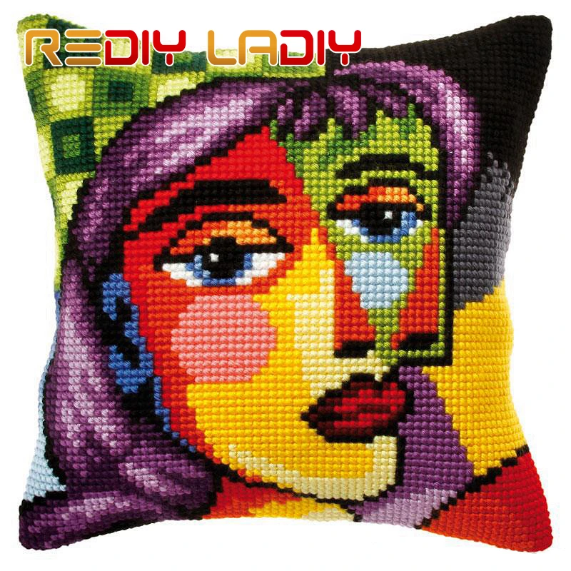 

LADIY Cross Stitch Cushion Cover Home Decorative Pillow Case Colorful Seat Cushions Chunky Yarn Cross-Stitch Kit for Embroidery