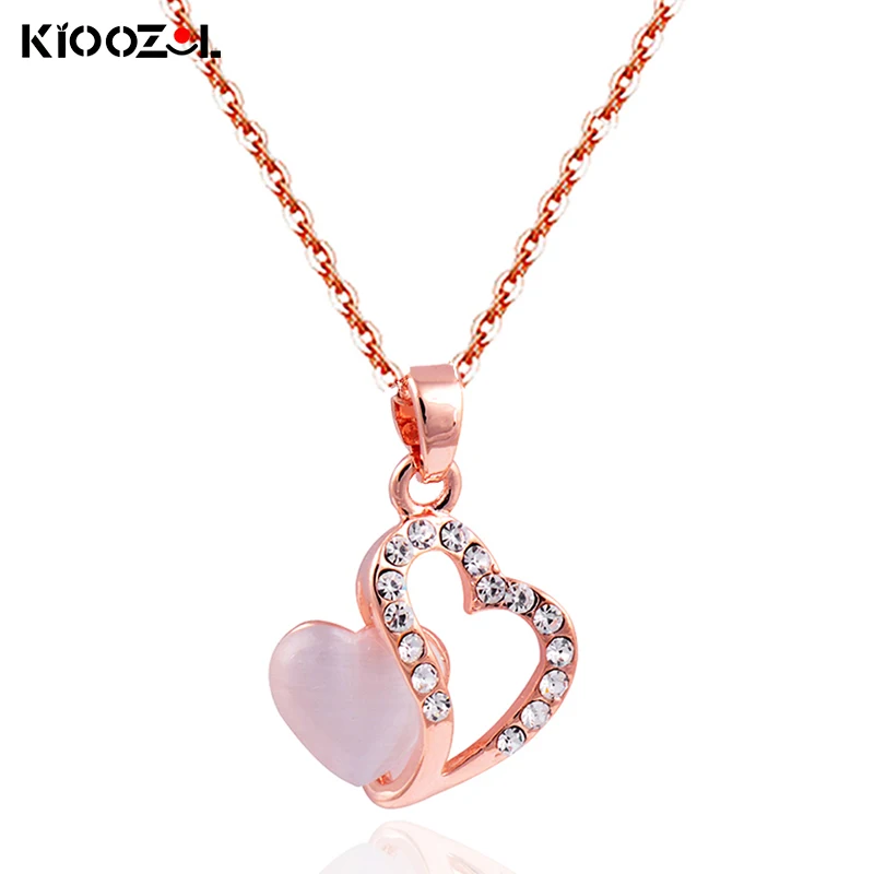 

KIOOZOL Vintage Heart Shaped Opal and Hollow Crystal Heart Plated Rose Gold Pendant Choker Necklace for Women Jewelry 524 DP1