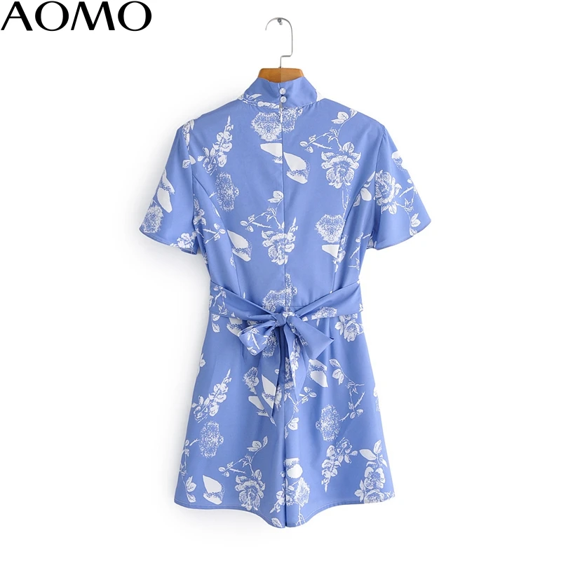 

AOMO 2020 Fashion women floral print blue summer playsuit short Sleeve bow neck Female elegant office playsuit 1F150A