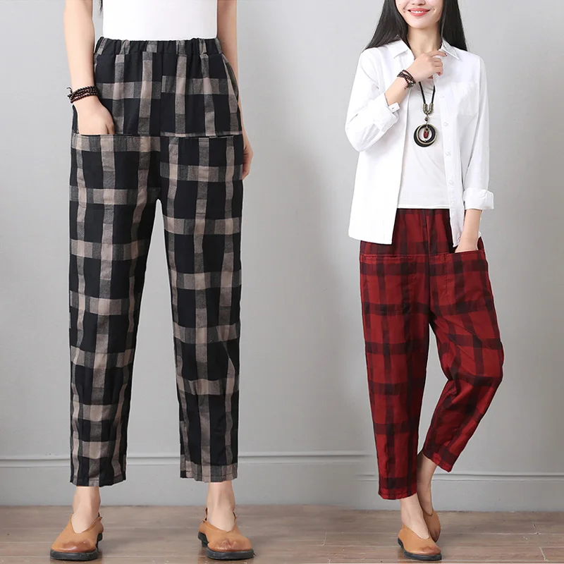 Женские клетчатые штаны шаровары из хлопка и льна толстые брюки 2019 фунтов cc1053