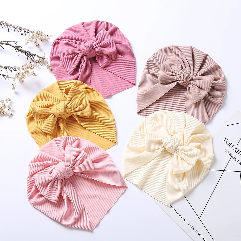 Turbante acanalado liso para beb&eacute;, sombrero reci&eacute;n nacido, diadema para ni&ntilde;o y ni&ntilde;a, regalo de cumplea&ntilde;os infantil, accesorios para el cabello con lazo de moda, 8 Uds. Por lote-5