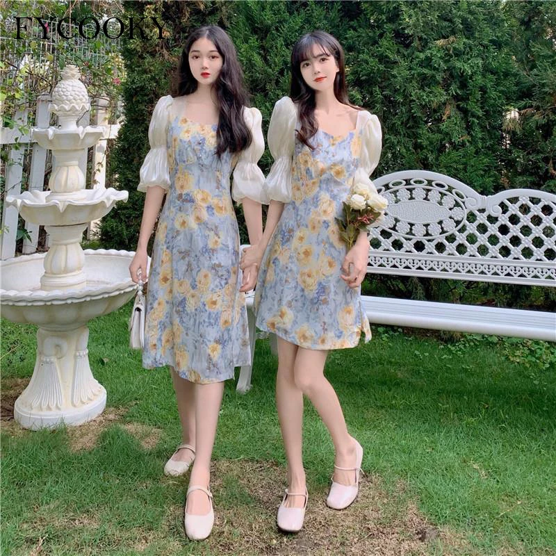 

Summer 2021 New Sweet Floral Dress Women Square Collar Half Sleeve Chiffon Dress Female Girlfriends Outfit