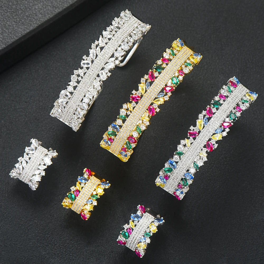 

SISCATHY 3Tone AAA Cubic Zirconia Bracelets/Ring Jewelry Sets Trendy Inlaid Dubai Nigerian Wedding Jewelry Sets For Women Girls