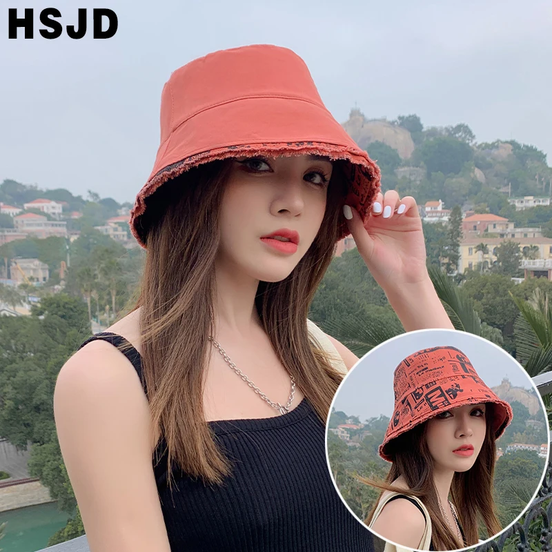Summer Women Double Sided Sun Hats Retro Newspaper Print Bucket Hat Fold Burrs Wide Brim Floppy Panama Fisherman Caps Hip Hop